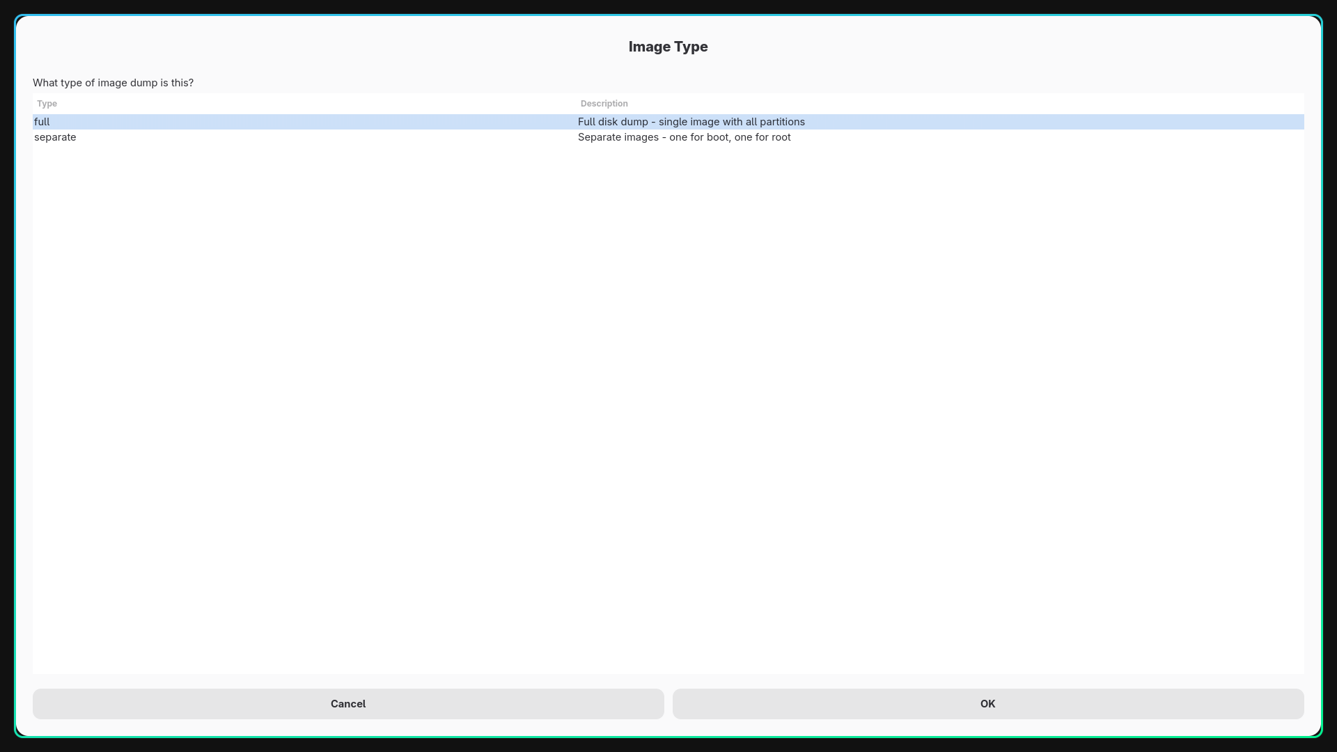 Image type dialog showing full image and separate boot and root image options.
