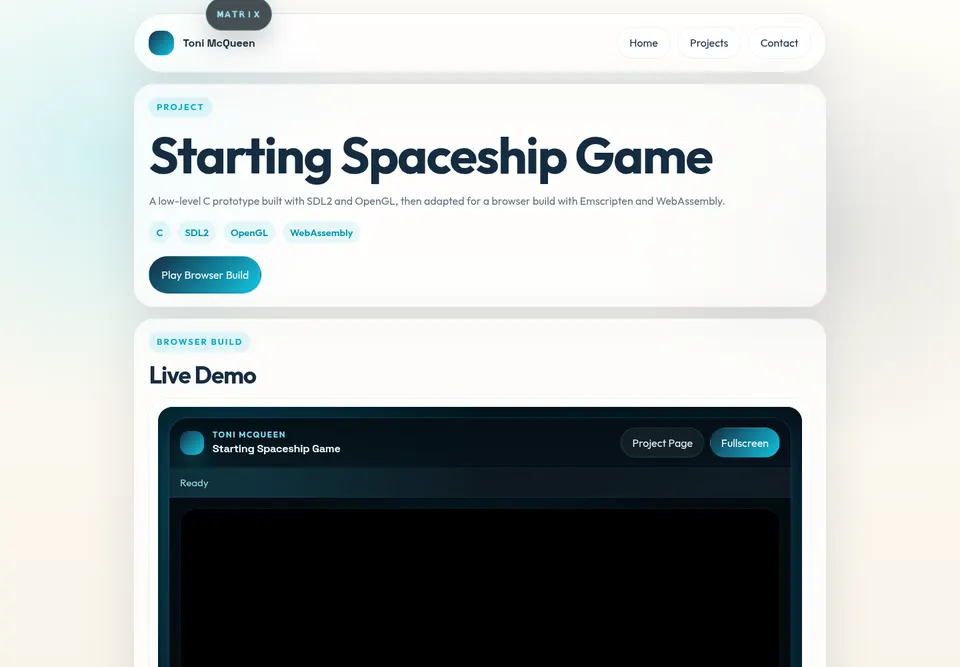 Screenshot of Toni McQueen spaceship game page