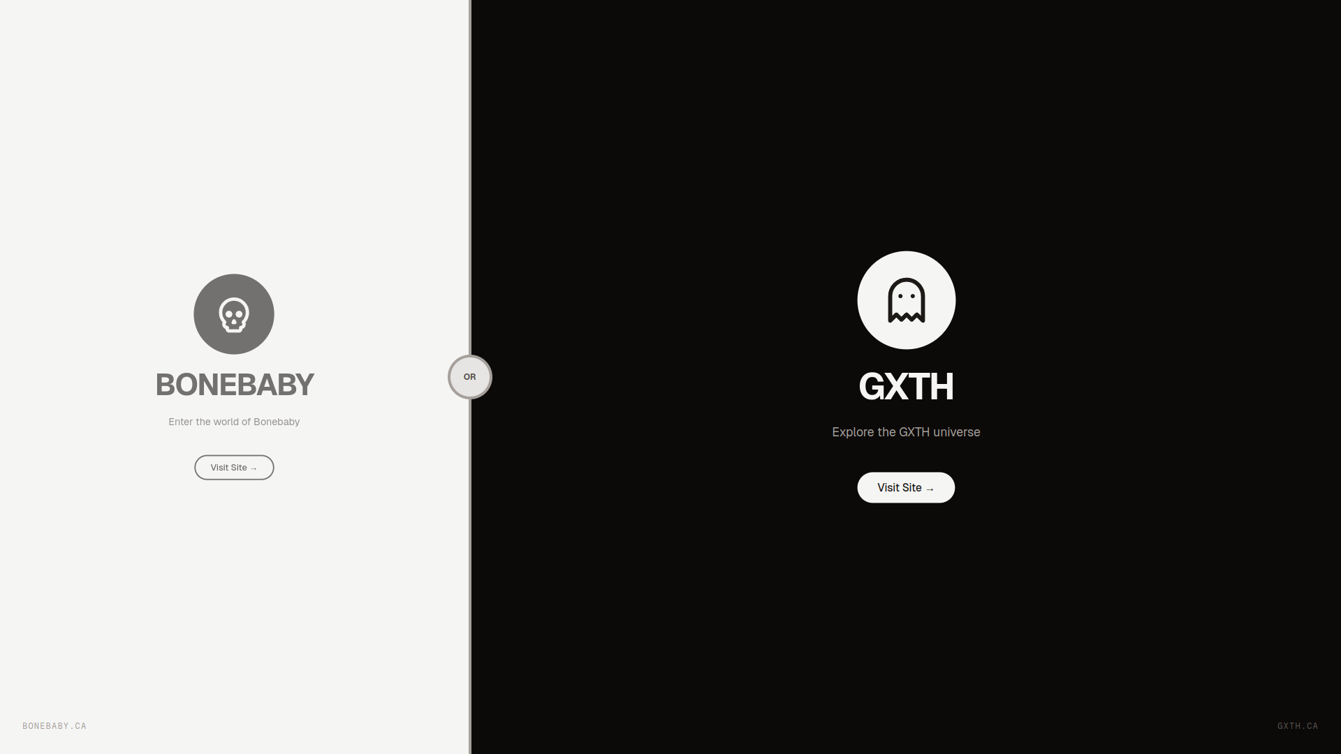 Bonebaby X split landing page showing Bonebaby on one side and GXTH on the other.